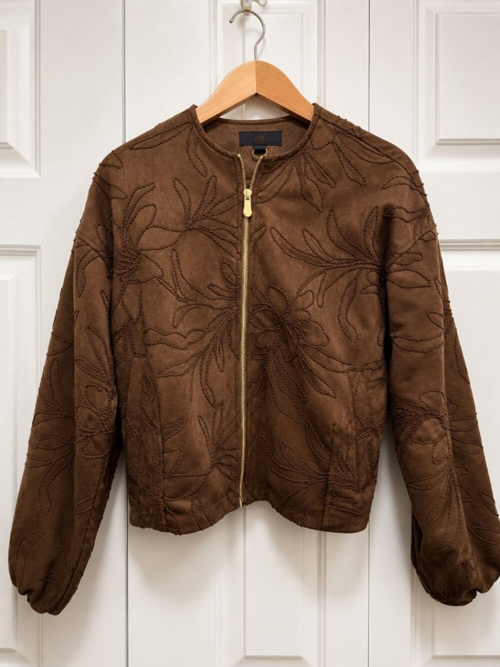 ZARA Brown Embroidered Faux Suede Zip Jacket | Size XS